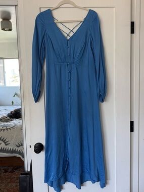 Free People Blue Midi Dress with V-Neck and Button Front